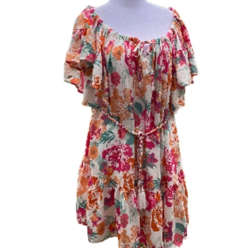 Rachel Zoe Pink Orange Rayon Mini Dress Ruffled Rope Belt Size Medium